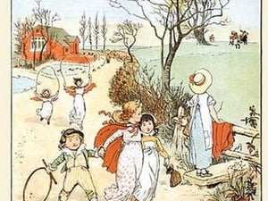Children jumped ropes and played with hoops along a road by Randolph Caldecott - Art Print