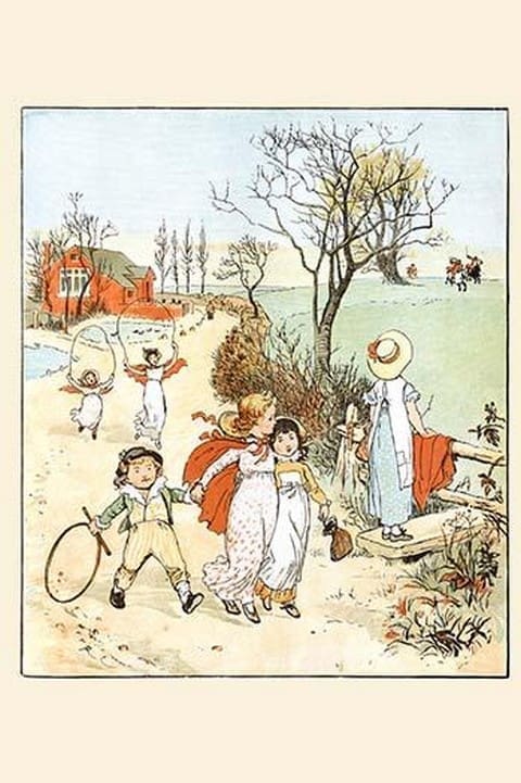 Children jumped ropes and played with hoops along a road by Randolph Caldecott - Art Print