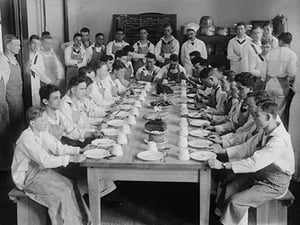 Naval Cadets sit at long table with bowls in front #2 - Art Print