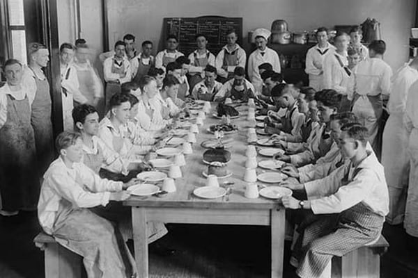 Naval Cadets sit at long table with bowls in front #2 - Art Print
