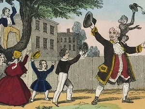 Children raise their arms in joy with their teacher by Charles Butler - Art Print