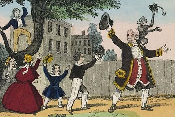 Children raise their arms in joy with their teacher by Charles Butler - Art Print