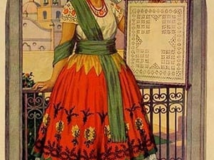 Hispanic holds up a lace design on a frame by Needlecraft Magazine #2 - Art Print