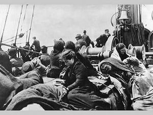 Immigrant Women Sitting on Steerage Deck - Art Print