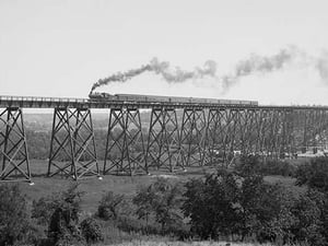 Steam Train passes over Valley Trestle Bridge - Art Print