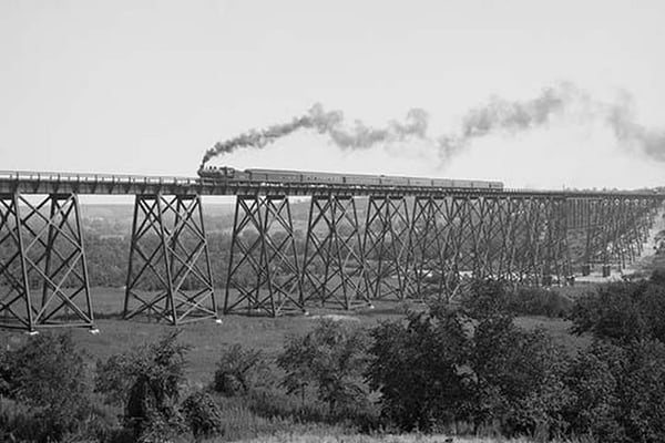 Steam Train passes over Valley Trestle Bridge - Art Print