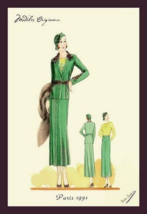 Sophisticated Green Suit with Stole by Atelier Bachroitz - Art Print
