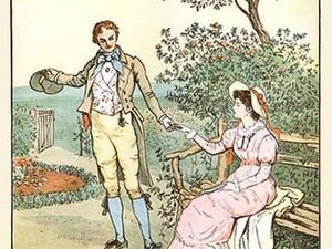Suitor leads a young girl from a bench in a smiling a loving face by Randolph Caldecott - Art Print