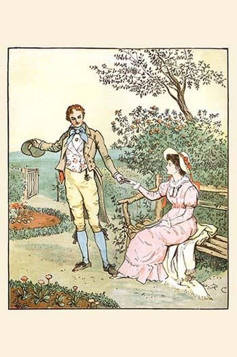 Suitor leads a young girl from a bench in a smiling a loving face by Randolph Caldecott - Art Print
