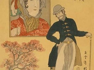 American merchant delighted with miniature cherry tree (Amerika no shonin shoju no sakura o motomete oi ni kanki no zu) by Utagawa Sadahide - Art Print