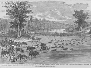 Animals ford Coosa river along with Federals that have been chasing General Hood by Frank Leslie - Art Print
