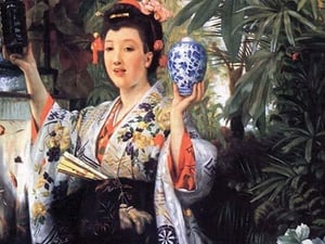 Young Lady Holding Japanese Objects by James Tissot - Art Print