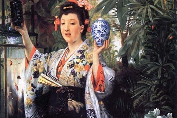 Young Lady Holding Japanese Objects by James Tissot - Art Print