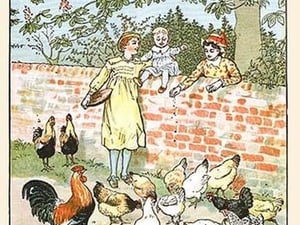 Children feed the chickens by Randolph Caldecott - Art Print