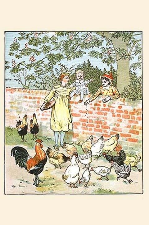 Children feed the chickens by Randolph Caldecott - Art Print