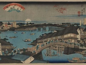 Evening glow at Ryogoku Bridge. by Ikeda Eisen - Art Print