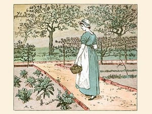 The Great Panjandrum Himself; A girl goes into the garden to cut a cabbage leaf to make an apple Pie by Randolph Caldecott - Art Print