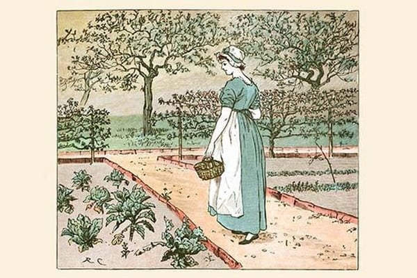 The Great Panjandrum Himself; A girl goes into the garden to cut a cabbage leaf to make an apple Pie by Randolph Caldecott - Art Print