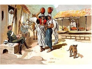A Soldier and Villagers by Richard Simkin - Art Print