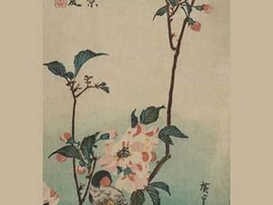 Small bird on a branch of Kaidozakura. by Utagawa Hiroshige - Art Print