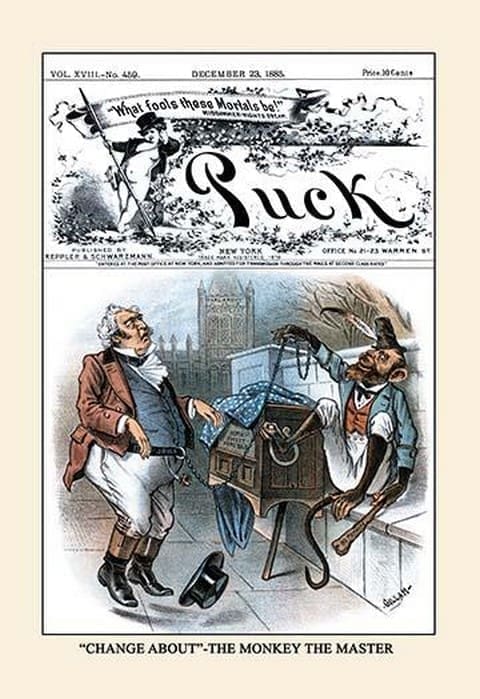 Puck Magazine: 'Change About' - The Monkey The Master by Bernhard Gillam - Art Print