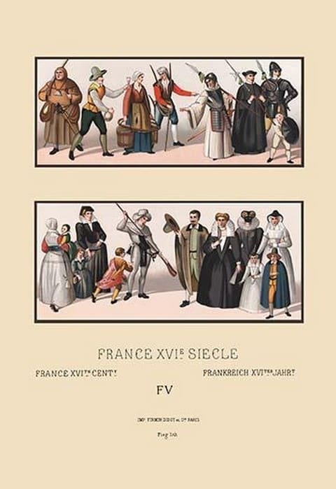 A Variety of Sixteenth Century French Costumes and Classes by Auguste Racinet - Art Print