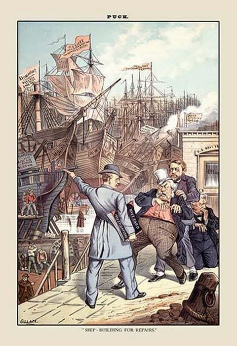 Puck Magazine: Ship-Building for Repairs by Bernhard Gillam - Art Print
