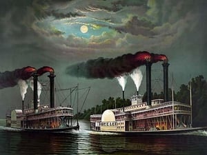 Race of the steamers Robert. E. Lee and Natchez on the Mississippi by Donaldson - Art Print