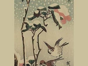 Sparrows and camellias in snow. by Utagawa Hiroshige - Art Print