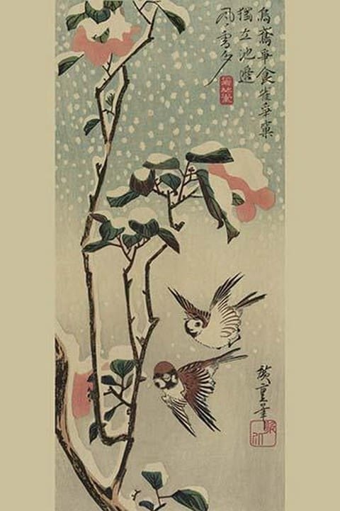 Sparrows and camellias in snow. by Utagawa Hiroshige - Art Print