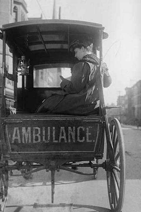 Dr. Elizabeth Bruyn sits in the rear of her Horse Drawn Ambulance - Art Print