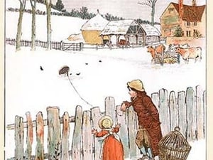 Four & Twenty Blackbirds; Children look at blackbirds in the field of snow by Randolph Caldecott - Art Print