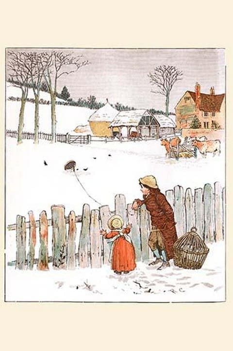 Four & Twenty Blackbirds; Children look at blackbirds in the field of snow by Randolph Caldecott - Art Print