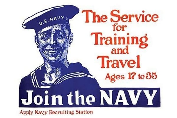 The service for training and travel - Ages 17 to 35 - Join the Navy - Apply Navy recruiting station by James Montgomery Flagg - Art Print