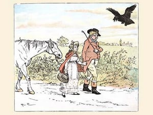 Raven laughs as the Farmer and his daughter able away bandaged by Randolph Caldecott - Art Print