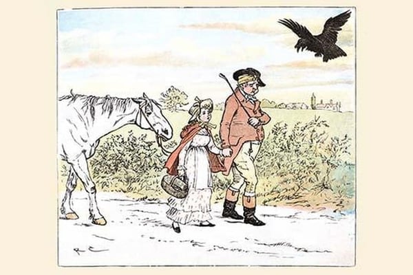 Raven laughs as the Farmer and his daughter able away bandaged by Randolph Caldecott - Art Print