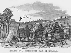 Abandoned Confederate log cabins at Manassas by Frank Leslie - Art Print