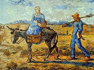 Morning with farmer and pitchfork; his wife riding a donkey and carrying a basket by Vincent van Gogh - Art Print