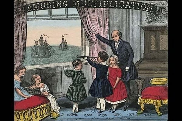 Teacher or Father spies ships in the harbor with children by Charles Butler - Art Print