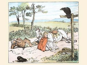 A Raven spooked the Farmers horse and he tumbled to the ground with his daughter by Randolph Caldecott - Art Print