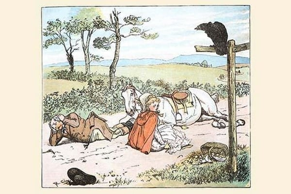 A Raven spooked the Farmers horse and he tumbled to the ground with his daughter by Randolph Caldecott - Art Print