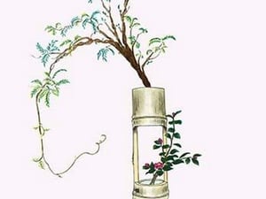 Fuji & Tsubaki (Wisteria and Camellia) in a two story Bamboo Vase by Josiah Conder #2 - Art Print