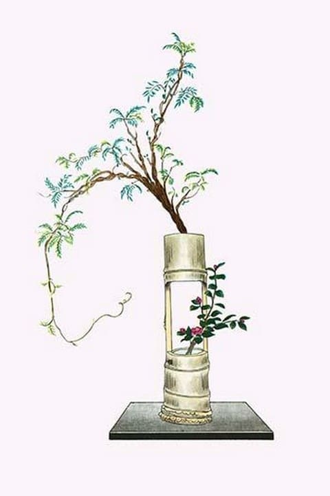 Fuji & Tsubaki (Wisteria and Camellia) in a two story Bamboo Vase by Josiah Conder #2 - Art Print