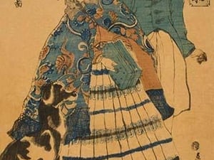 American lady playing accordion (Amerika jokan hansui o gansuru no zu) by Utagawa Sadahide - Art Print