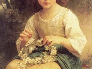 A Young Girl braids a Garland Crown of Flowers by William Bouguereau - Art Print