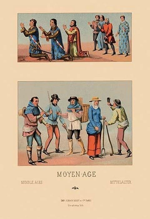 A Variety of French Medieval Costumes by Auguste Racinet - Art Print