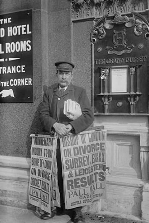 Newspaper salesman in front of Buffet Restaurant in Central London advertises News Headlines - Art Print