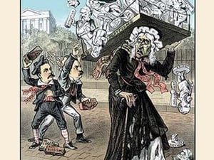 Puck Magazine: Demolishing the Old Lady's Stock by Bernhard Gillam - Art Print