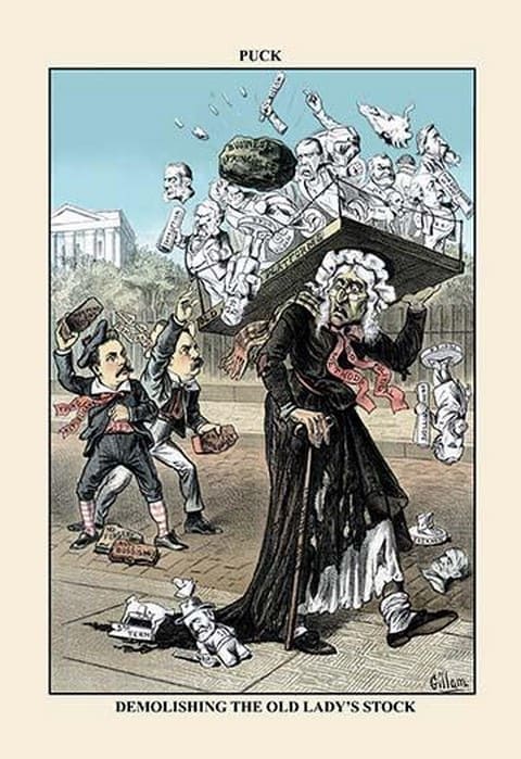 Puck Magazine: Demolishing the Old Lady's Stock by Bernhard Gillam - Art Print