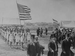 American & Filipino Athletes March Behind Japanese Dignitaries - Art Print